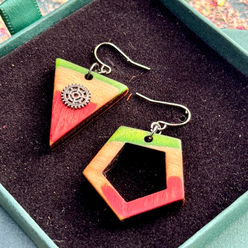Handmade recycled skateboard Green and Red Asymmetrical Skateboard Earrings — Baltic Dew, made in the UK
