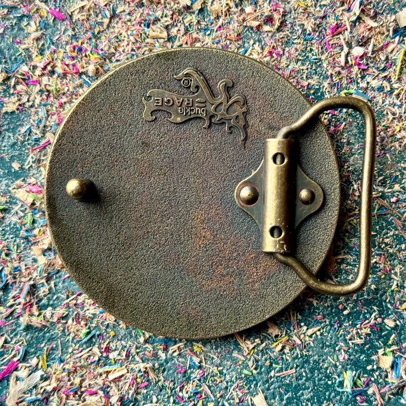 belt buckle, A multicolour layered jewellery piece made from recycled skateboard wood, handmade by Baltic Dew with.