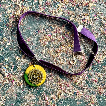 Handmade recycled skateboard Yellow and Green Circle Skateboard Choker — Baltic Dew, made in the UK