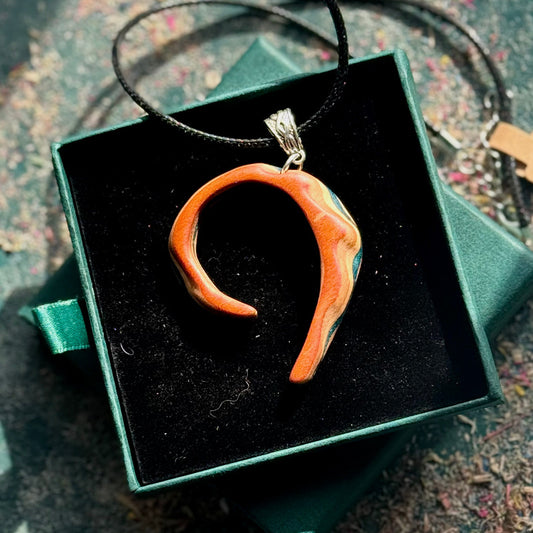 Orange and green pendant on a black cord in a green box
