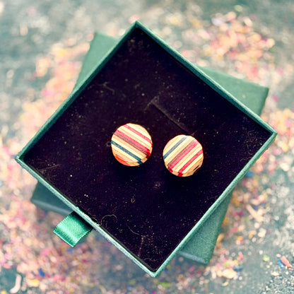 Recycled-skateboard wooden plugs with rounded fronts, showing vibrant mixed colour tones arranged in narrow vertical stripes, displayed inside a green jewellery box.