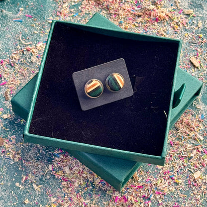 Close-up of teal and black skateboard-wood stud earrings on a black display card inside an open green gift box.