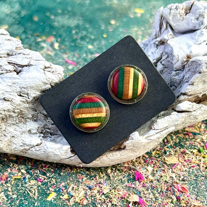 Stud earrings with pink, purple, dark green and teal striped skateboard wood shown on a dark backing card resting on driftwood.
