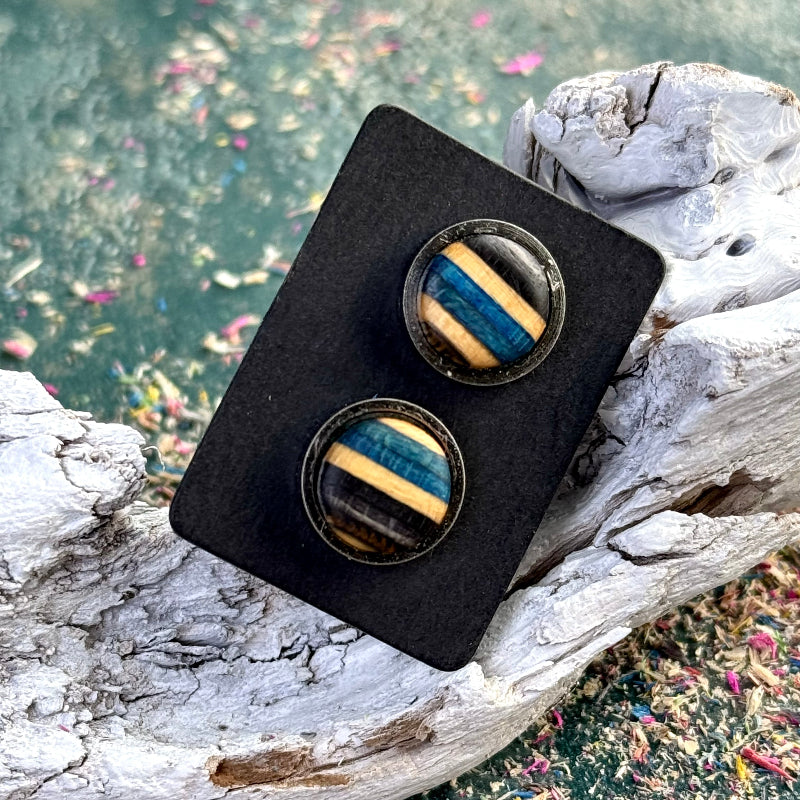 Stud earrings with blue and black striped skateboard wood displayed on a dark card against driftwood.