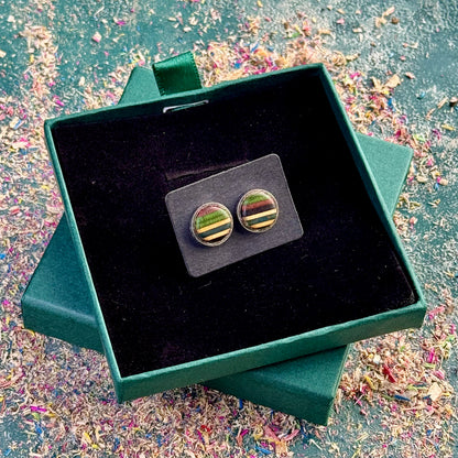 Stud earrings with green, teal and purple striped skateboard wood shown centred in an open gift box on a textured surface.