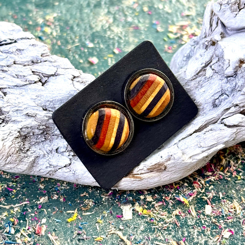 Stud earrings with amber, red and black striped skateboard wood set in round dark frames, handmade by Baltic Dew.