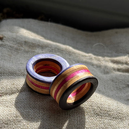 Handmade recycled skateboard Pink, Purple & Black Ear Tunnels – 20mm — Baltic Dew, made in the UK