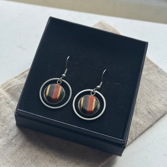 Handmade recycled skateboard Black, Red & Orange Circle Drop Earrings — Baltic Dew, made in the UK