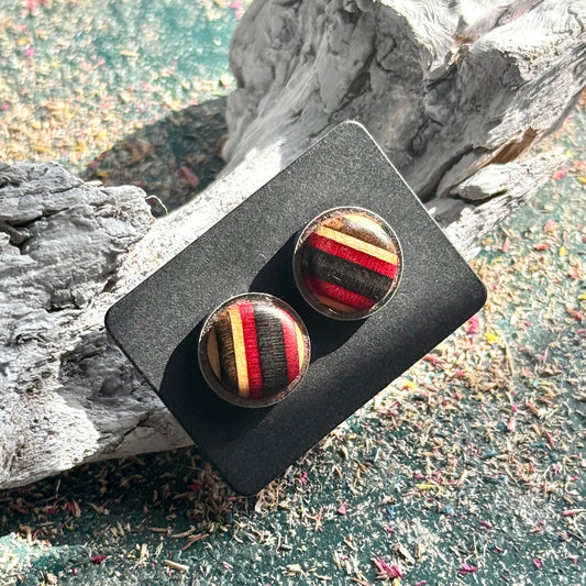 Handmade recycled skateboard Black and Red Stud Earrings — Baltic Dew, made in the UK