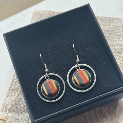 Handmade recycled skateboard Black, Red & Orange Circle Drop Earrings — Baltic Dew, made in the UK