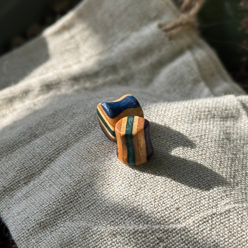 Handmade recycled skateboard Blue & Green Wood Ear Plugs – 8mm — Baltic Dew, made in the UK