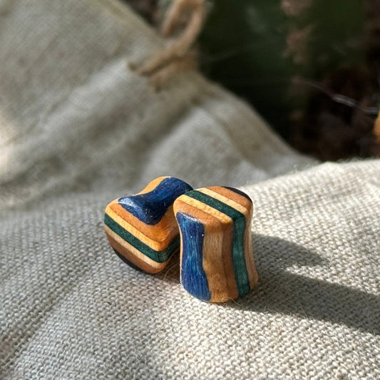 Handmade recycled skateboard Blue & Green Wood Ear Plugs – 8mm — Baltic Dew, made in the UK
