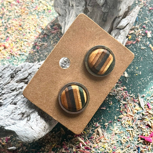 Handmade recycled skateboard Earth Tone Stud Earrings — Baltic Dew, made in the UK
