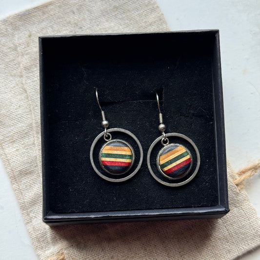Handmade recycled skateboard Green, Red & Blue Circle Drop Earrings — Baltic Dew, made in the UK