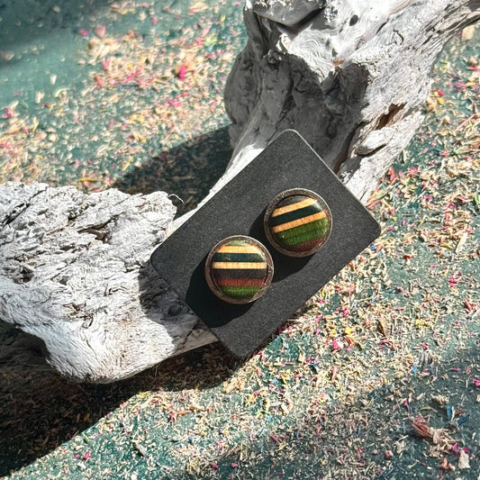 Handmade recycled skateboard Green and Teal Stud Earrings — Baltic Dew, made in the UK