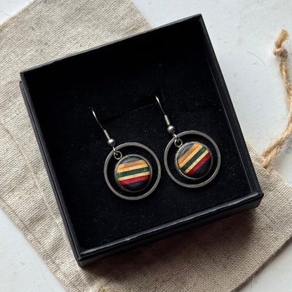 Handmade recycled skateboard Green, Red & Blue Circle Drop Earrings — Baltic Dew, made in the UK