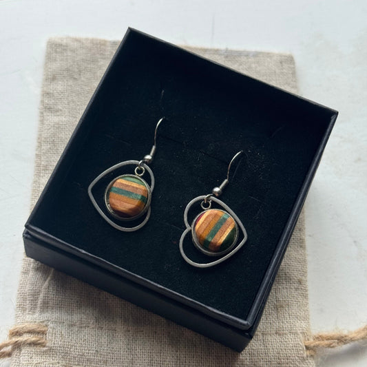 Handmade recycled skateboard Green & Yellow Heart Drop Earrings — Baltic Dew, made in the UK