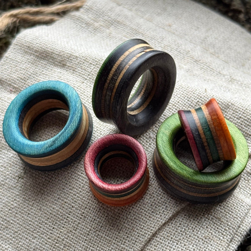 Handmade recycled skateboard Pink, Purple & Black Ear Tunnels – 20mm — Baltic Dew, made in the UK