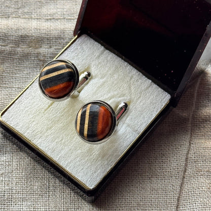 Handmade recycled skateboard Orange, Black & Natural Stripe Skateboard Cufflinks — Baltic Dew, made in the UK