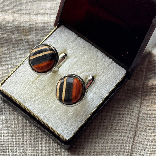 Handmade recycled skateboard Orange, Black & Natural Stripe Skateboard Cufflinks — Baltic Dew, made in the UK