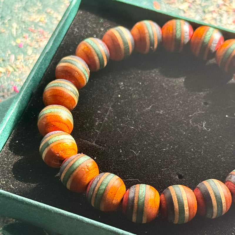 Handmade recycled skateboard Orange, Green and Purple Skateboard Bracelet — Baltic Dew, made in the UK