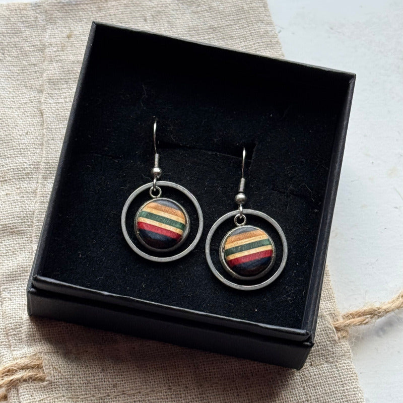 Handmade recycled skateboard Green, Red & Blue Circle Drop Earrings — Baltic Dew, made in the UK