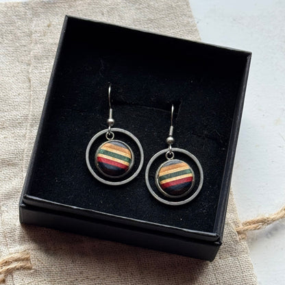 Handmade recycled skateboard Green, Red & Blue Circle Drop Earrings — Baltic Dew, made in the UK