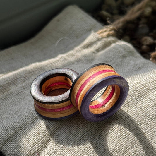 Handmade recycled skateboard Pink, Purple & Black Ear Tunnels – 20mm — Baltic Dew, made in the UK