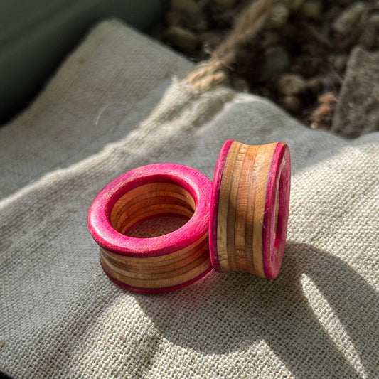 Handmade recycled skateboard Pink Ear Tunnels – 20mm — Baltic Dew, made in the UK