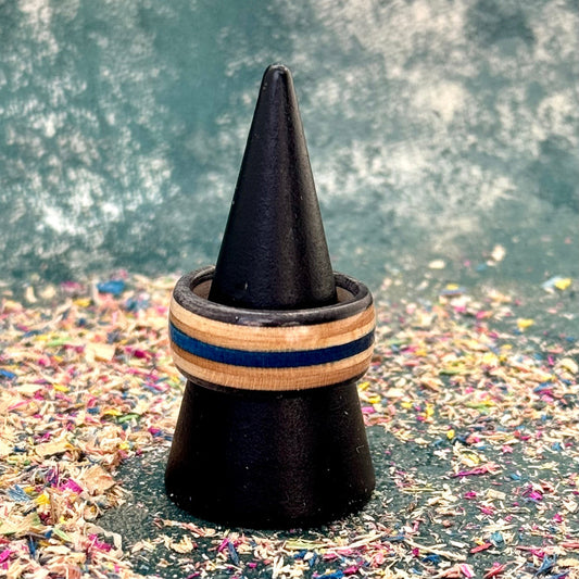Handmade recycled skateboard Black and Blue Skateboard Ring — Baltic Dew, made in the UK