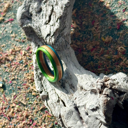 Handmade recycled skateboard Blue and Green Slim Skateboard Ring — Baltic Dew, made in the UK