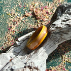 Slim yellow and orange skateboard maple ring resting on driftwood.