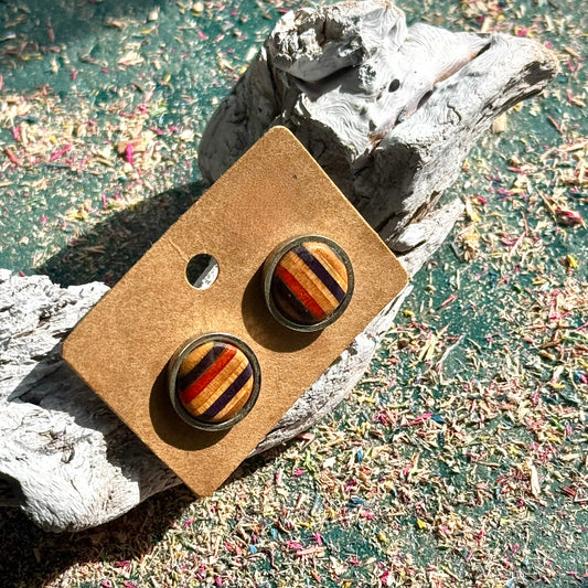Handmade recycled skateboard Red and Blue Stud Earrings — Baltic Dew, made in the UK