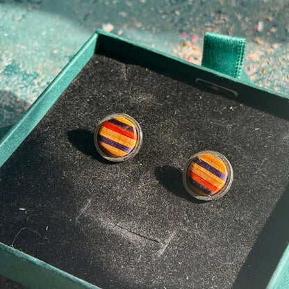 Handmade recycled skateboard Red and Blue Stud Earrings — Baltic Dew, made in the UK