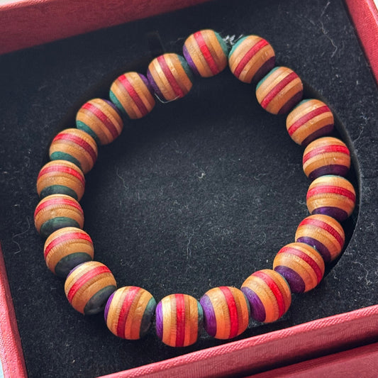 Handmade recycled skateboard Red, Purple & Teal Stripe Bead Bracelet — Baltic Dew, made in the UK