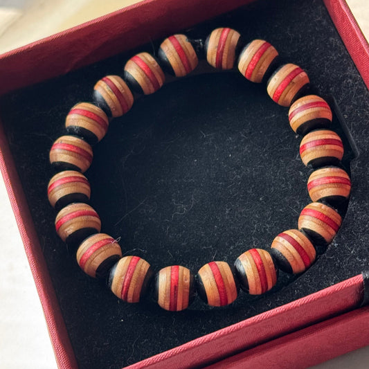 Handmade recycled skateboard Red & Black Stripe Bead Bracelet — Baltic Dew, made in the UK