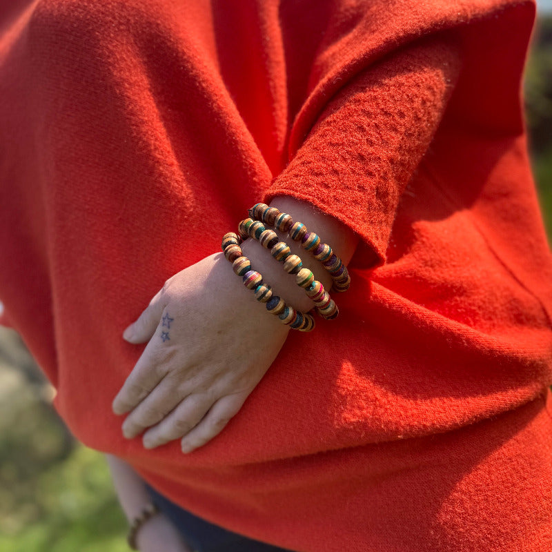 Handmade recycled skateboard Red, Green, Teal & Orange Striped Bead Bracelet — Baltic Dew, made in the UK
