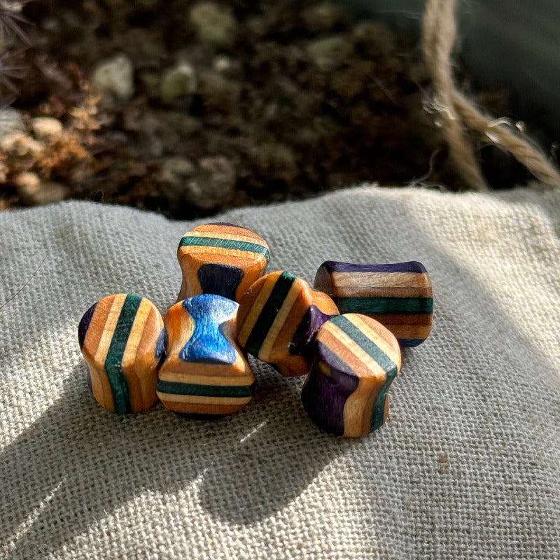 Handmade recycled skateboard Blue & Green Wood Ear Plugs – 8mm — Baltic Dew, made in the UK