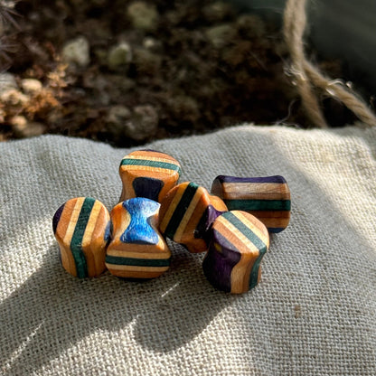 Handmade recycled skateboard Blue & Green Wood Ear Plugs – 8mm — Baltic Dew, made in the UK