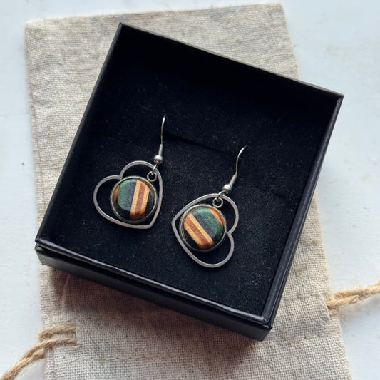 Handmade recycled skateboard Teal & Black Heart Drop Earrings — Baltic Dew, made in the UK