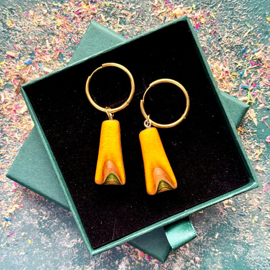 Handmade recycled skateboard Yellow & Green Hoop Earrings — Baltic Dew, made in the UK