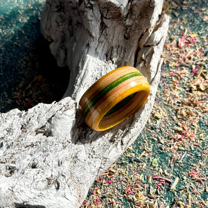 Handmade recycled skateboard Yellow and Green Skateboard Ring — Baltic Dew, made in the UK