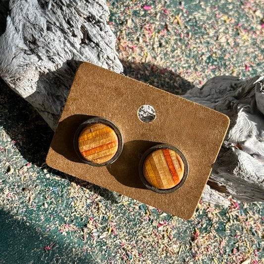 Handmade recycled skateboard Yellow and Orange Stud Earrings — Baltic Dew, made in the UK